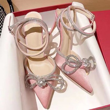 2025夏季新款包頭水鉆辣妹高跟鞋女性感蝴蝶結綁帶緞面仙女風涼鞋