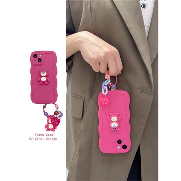 瑜淑 可愛草莓熊掛件手環適用于三星s22+手機殼Samsungs22保護套s22ultra波浪邊s21fe原創s20plus手拎Galaxy