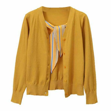 三十而已毛曉彤鐘曉芹同款黃色針織開衫外套薄款女秋撞色飄帶上衣