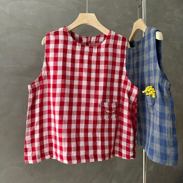 花灰灰🌟森林小精靈 l 深藍X紅X淺藍 可愛文青風甜美小口袋寬鬆背心娃娃衣 夏季新款寬鬆顯瘦無袖襯衫 背心上衣
