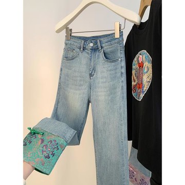 新中式國風提花牛仔褲女2025秋季新款高腰顯瘦女九分彈力煙管褲子