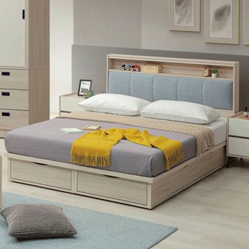 文創集 美斯六抽5尺雙人貓抓布床台組合(床頭片＋六抽床底＋不含床墊)-151x201x104cm免組