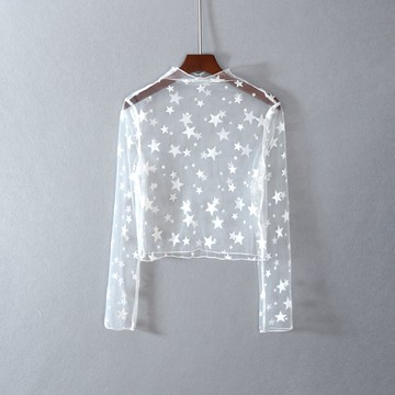 女裝輕薄透明長袖修身立領短款青春甜美鏤空T恤衫