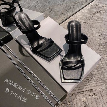 高跟鞋2025年新款夏季露趾方頭一字帶涼鞋女細跟鏈條黑色簡約涼拖