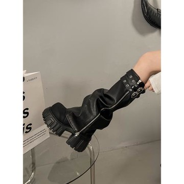 厚底增高長筒靴子女2026新款小個子高筒堆堆褲管靴高跟西部騎士靴