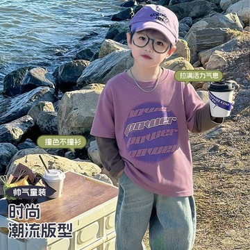 【臺灣出貨】秋冬新品男童長袖上衣 中小童韓版個性字母印花假兩件棉質長袖T恤男寶寶休閒秋裝長袖衫 兒童衣服 兒童長袖上衣