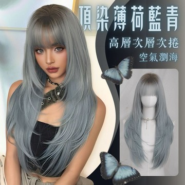 【台灣急速到貨】漸進藍色假髮 空氣瀏海女生全頭套假髮 現貨 自然 仿真 漸變色 羽毛剪 日常長直假髮 整頂式假髮 WIG