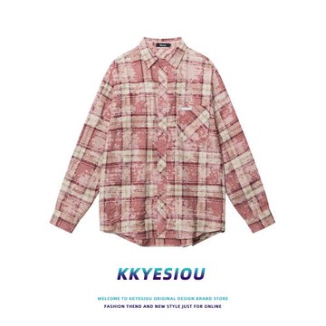 KKyesiou美式復古潮牌格子扎染長袖襯衫男女2024春季情侶粉色外套