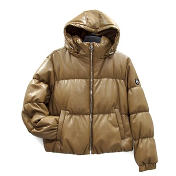 MICHAEL KORS 绗縫素皮飛行夾克(深駝色/可拆卸帽)