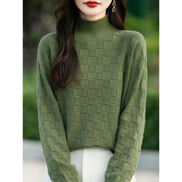 2024秋高領純棉線長袖上衣女冬季加厚寬松內搭亞麻針織打底衫毛衣