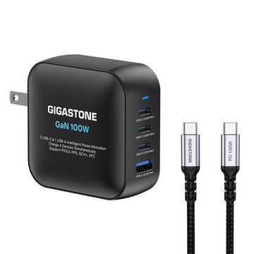 GIGASTONE 立達 GaN 氮化鎵 USB-C 100W 四孔快充充電器組 PD-7100 + CC-7800B  黑色  1個