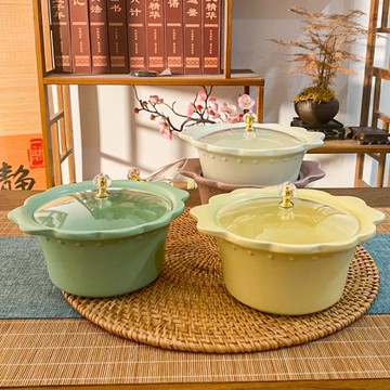 奶油風2024新款陶瓷帶蓋花邊碗雙耳防燙螺螄粉碗學生泡面碗飯碗