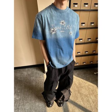 MASONSOUL 夏季新款噴碼騮漸變字母印花短袖T恤美式復古百搭上衣