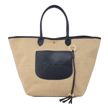 LONGCHAMP LE PANIER PLIAGE系列前口袋編織提籃包(大/黑)