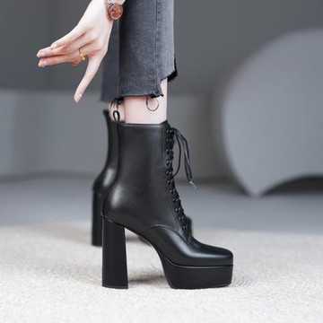 方頭系帶防水臺馬丁靴真皮粗跟厚底高跟短靴女11cm黑色中筒靴單靴