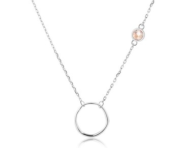 粉晶925純銀項鍊 不對稱側鑲圓形芙蓉石項鍊 10月誕生石業力項鍊