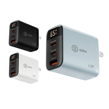 aibo 65W氮化鎵GaN智能數位顯示三孔超閃充電器