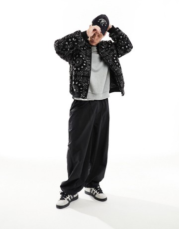 ASOS DESIGN borg bomber jacket with paisley print in black-Auburn