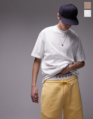 Topman 2 pack oversized fit t-shirt in white and stone-Multi