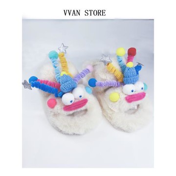 網紅毛毛拖鞋女外穿可愛原創設計厚底丑萌毛絨家居防滑一字棉拖鞋