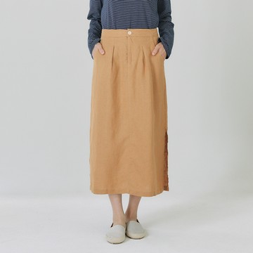 亞麻合身側開岔裙 棕F