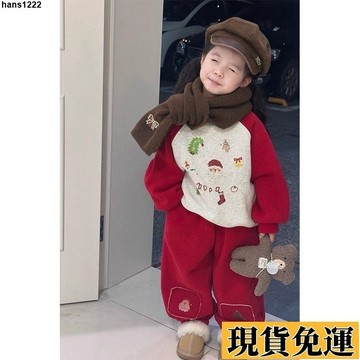 💦台灣限時低價💦 圣誕節服飾兒童套裝秋冬2025新款男女童時髦卡通加絨衛衣紅色褲子