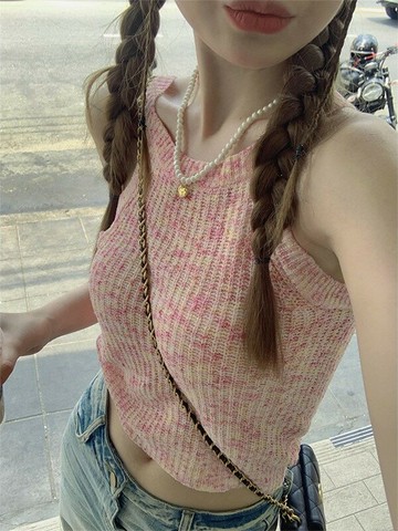 妹露肩短款針織吊帶小背心女外穿修身時尚百搭顯瘦設計感上衣夏季新款【聚宝屋】