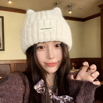 台灣現🔥貨 高品質版 保暖護耳~貓耳朵帽子女鼕季韓係感可愛保暖護耳顯臉小針織毛綫冷帽