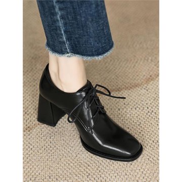 M先生 系帶單鞋女新款真皮英倫風女鞋方頭粗跟深口復古黑色小皮鞋