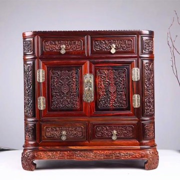 大紅酸枝雕花收納柜紅木首飾盒高檔精致中式桌面儲物柜復古百寶箱