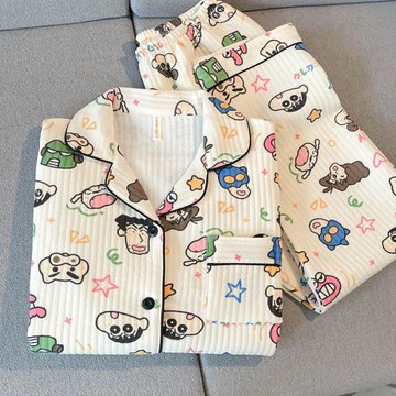 日系卡通蠟筆小新學生純棉夾層睡衣女秋冬款加厚保暖空氣棉家居服