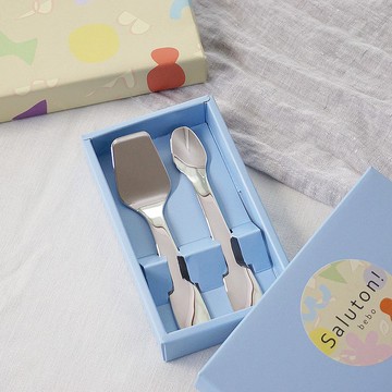 saluton! bebo 嬰兒餐具 2 件套禮品套裝禮物勺子餵食可愛日本