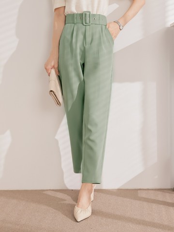 質感微光澤打褶直筒西裝長褲(附腰帶)