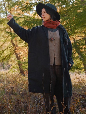 岩黑色 百搭寬鬆復古羊毛長風衣 秋冬長外套 大衣