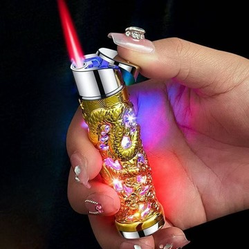 新款圓柱浮鵰龍防風打火機充氣創意個性炫彩髮光粉色火燄火機耐用