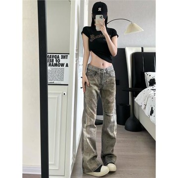 9002up美式高街3D打印廢土風直筒微喇vibe牛仔褲春秋新款痞帥褲子