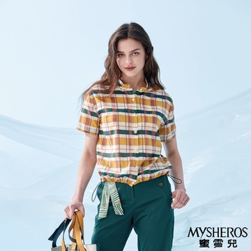 【MYSHEROS 蜜雪兒】繽紛經典格紋側開衩修身純棉造型上衣-黃