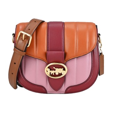 COACH  圓框馬小香風車線縫皮革斜背馬鞍包(粉紅X暗紅X棕)