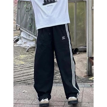 “三條杠”直筒速干褲男夏季美式街頭復古運動休閑寬松條紋闊腿褲