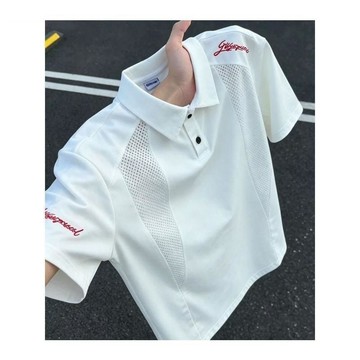 美式解構網眼透氣速幹短袖男夏季冰絲涼感刺繡t恤正肩Polo衫半袖 美式上衣 速幹短袖 7C