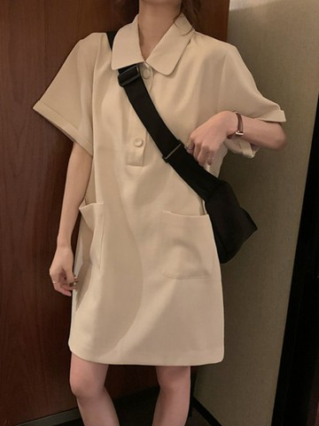 短袖連衣裙女大口袋polo翻領小個子中長款寬松顯瘦休閒t恤裙夏季【倪醬】