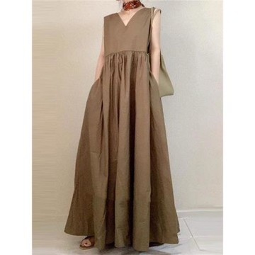 跨境外貿日系寬松無袖V領大擺A字背心裙長款連衣裙夏季高腰拖地裙