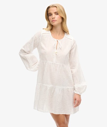 Superdry Women's Women's Ibiza Long Sleeve Tiered Sparkle Mini Dress White / Off White - Size: 6 Size: 2