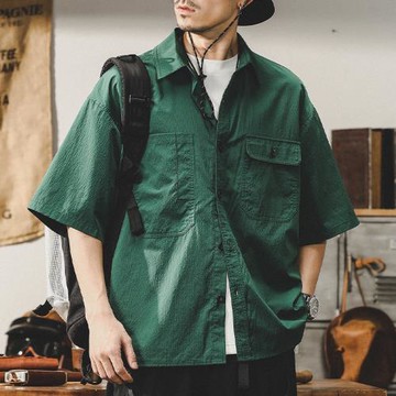 杰雷諾鉆石格紋綠色襯衫男短袖美式工裝潮牌寬松休閑襯衣外套男薄