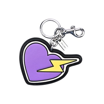 COACH紫色閃電愛心圖印餅型掛扣鑰匙圈