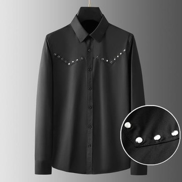 歐美潮牌春秋金屬鉚釘立體拼接修身長袖襯衫男士高端商務休閑襯衣