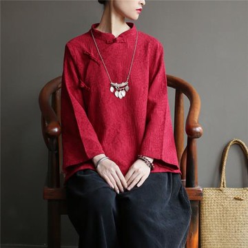 原創春裝民國風中式盤扣襯衫棉麻復古立領提花茶服寬松長袖上衣女