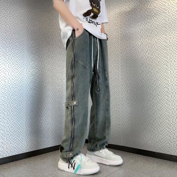 設計感小眾做舊水洗側開拉鏈微喇牛仔褲男直筒潮牌嘻哈工裝長褲子