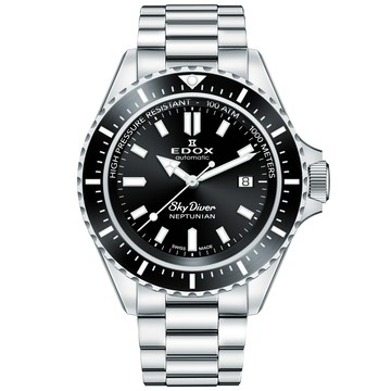 EDOX SkyDiver 海神波賽頓 1000米潛水機械錶-黑x銀 E80120.3NM.NIN