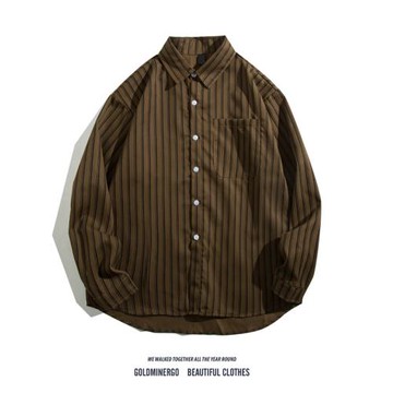 日系復古咖色條紋磨毛長袖襯衫男潮牌痞帥寬松休閑慵懶風襯衣外套
